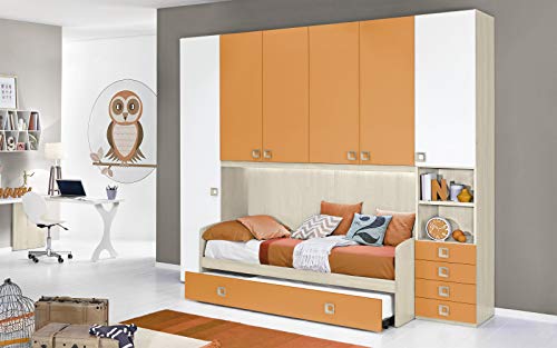 Dafne Italian Design Cameretta Completa a Ponte - Effetto Betulla, Bianco, Mandarino (Doppio Letto Singolo e Armadio) (cm. 300 x 96 x 259h)