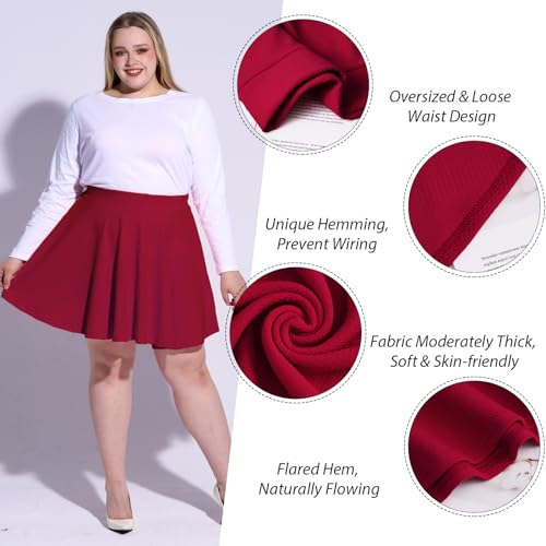 Moon Wood Women'S Plus Size Mini Skater Skirt- Basic Versatile High Waisted Flared Casual Stretchy Skirts Burgundy thumb #2