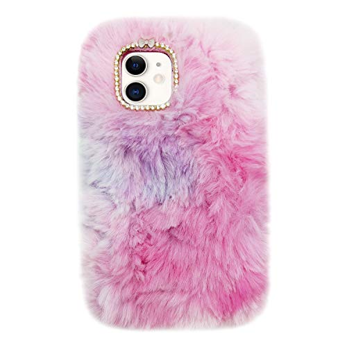 Guppy Compatible With Iphone 12 Women Girls Plush Case 3D Cute Bling Bow Diamond Fluffy Furry Warm Gradient Fur Hair Design Soft Silicone Rubber Protective Cover Case 6.1 Inch Pink #TOP12