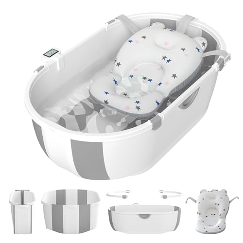 Image of Collapsible Baby Bathtub for Infants to Toddlers with Soft Bath Cushion Foldable Baby Bath Tub with Thermometer and Drain Outlet, Baby Tub for Toddlers 0-6 Years Boys and Girls (Grey)