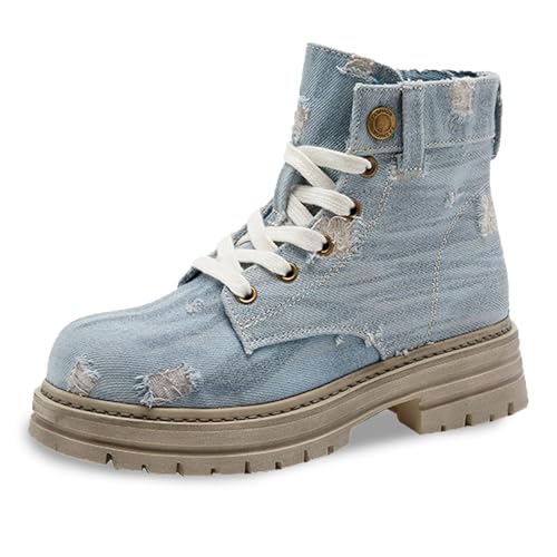 Girl Retro Denim High-Top Sneakers Durable Thick Sole Lace-Up Casual Boots for Outdoor & Everyday Campus Wear