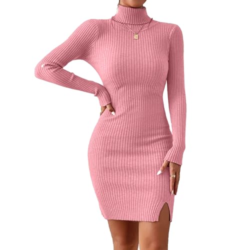 Image of GLARE & BLAIR Solid Turtle Neck Regular Fit Casual Ribbed Knit Long Sleeve Bodycon Dress for Women