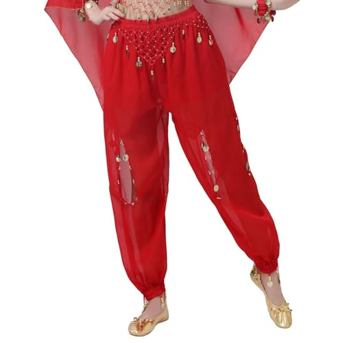 Hotfiary Pantalones de Danza del Vientre de Gasa para Mujer, Pantalones Árabes Tribales Holgados con Abertura Lateral, Pantalones de Fantasía con Linterna y Monedas Doradas para El Escenario, Disfraz