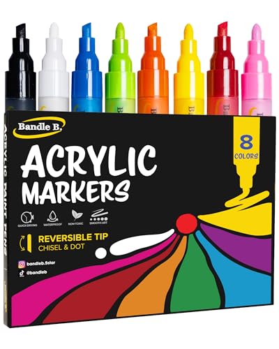 Bandle B. Acrylic Paint Markers – Set of 8 Paint Pens for Art, Fabric, Coloring, and Journaling–Quick-Drying, Waterproof, Non-Toxic, Reversible Chisel-Dot Tip