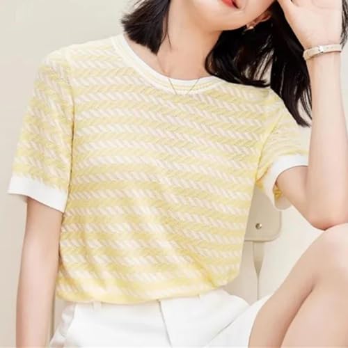 Pull d'été en coton femme chic haut tricoté ample col rond mode - 2