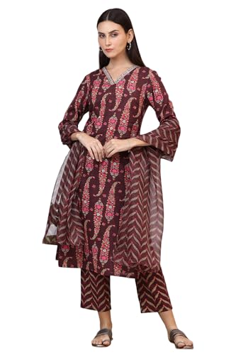 Image of W for Woman Orange Abstract Printed Tiered Spaghetti Kurta and Leggings Set with Dupatta