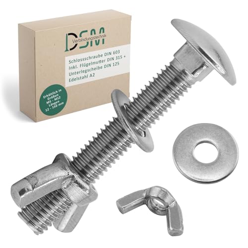 DSM – Tornillos M5 x 16 mm según DIN 603 – Tuerca de mariposa DIN 315 y arandela DIN 125 – Acero inoxidable A2/V2A – Tornillos de cabeza redonda plana con cuello cuadrado – Tuerca mariposa – 5