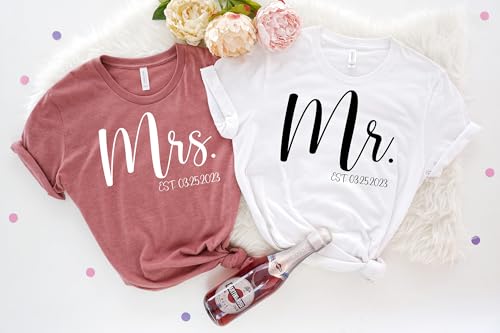 Mr and Mrs Shirts Matching Couple Shirts Just Married Tees Honeymoon Tshirts Wedding Tshirts Cute Couples Outfits Hubby and Wifey Tshirts Custom Date Est3