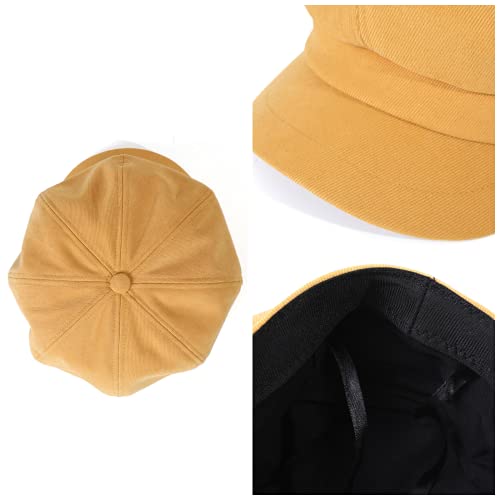 Tophope 8 Panels Newsboy Caps For Women Cotton Wool Blended Cabbie Hat Gatsby Ivy Beret With Visor (Black+Lemon) #TOP3