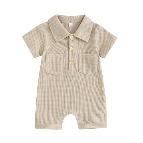 Image of AEEMCEM Newborn Baby Boy Clothes Waffle Knit Polo Romper Bodysuit Solid Short Sleeve Collared Onesie One Piece Jumpsuit
