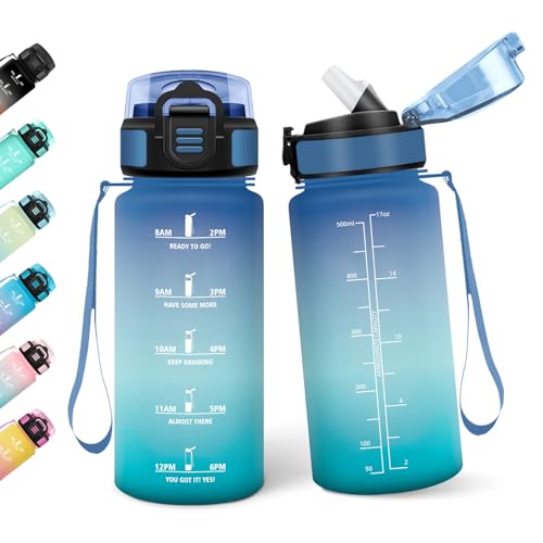 Motswedi Botella Agua Niños, 500ML Con Paja, Cantimplora Infantil, Botella de Agua Motivacional con Marcador de Tiempo, A Prueba de Fugas para Escuela - Verde brillante