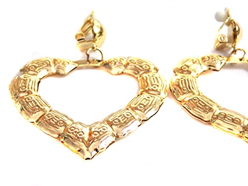 Aretes de aro con clip tono dorado corazón bambú 2 pulg miniatura 2