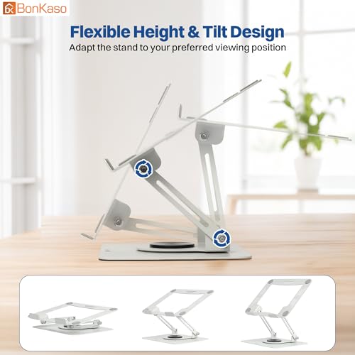 Image of BonKaso 360 Rotating Metal Laptop Stand, Height & Angle Adjustable, Foldable Design, Carbon Steel Build, Ventilated Cooling, Supports Up to 5kg, Compatible with Laptops & MacBook (Up to 17.3 inch) |White