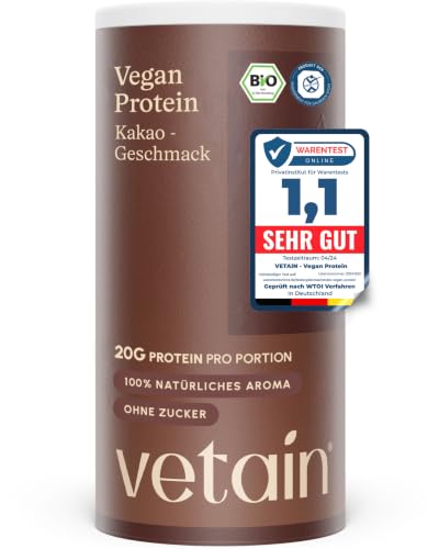 VETAIN Proteinpulver Vegan Kakao - 20g Eiweiß - Ohne künstliche Süßungsmittel - Bio Protein Pulver - 4 Proteinquellen fermentiert Erbsen - Vollständiges EAA & BCAA - 540g - NEUE REZEPTUR