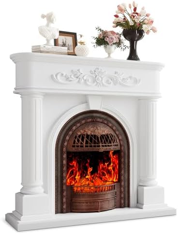 50” Solid Wood Electric Fireplace with Mantel, White Roman Column TV Stand with Bronze Birdcage Heater Insert, Elegant Fireplace for Living Room, Bedroom & Entryway