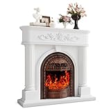 50” Solid Wood Electric Fireplace with Mantel, White Roman Column TV Stand with Bronze Birdcage Heater Insert, Elegant Fireplace for Living Room, Bedroom & Entryway