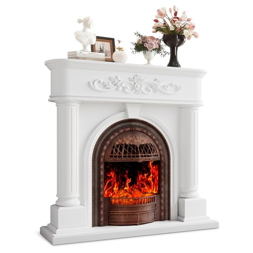 Image of 50 inch Solid Wood Electric Fireplace with Mantel, White Roman Column TV Stand with Bronze Birdcage Heater Insert, Elegant Fireplace for Living Room, Bedroom & Entryway