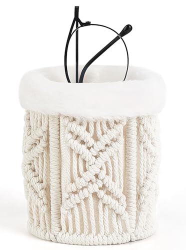 Mkono Glasses Holder for Nightstand Macrame Plush Lined Glasses Stand for Multiple Glasses Boho Decor Eyeglass Case Holder for Office Desk Organizer