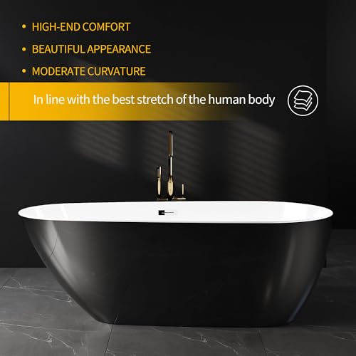 59 Inch Freestanding Bathtub, Acrylic Deep Soaking Tub, Chrome Overflow and Drain, Non-Slip Standalone Bath Tub for Bathroom, cUPC Certified, Ergonomic Modern Bath for Bathrooms - Thumbnail 3