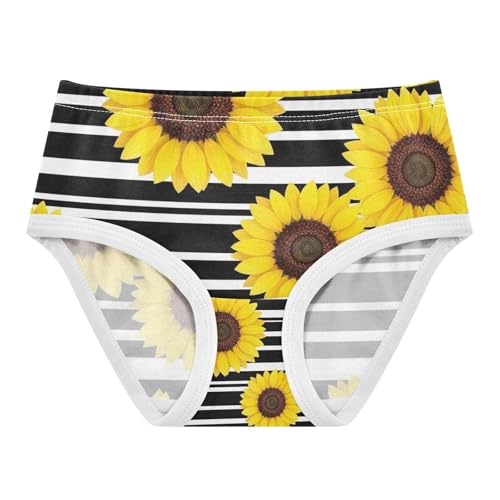 Yellow Sunflowers Black White Stripes Toddler Girls Panties, Cotton Girls Underwear, 2T–8 Years