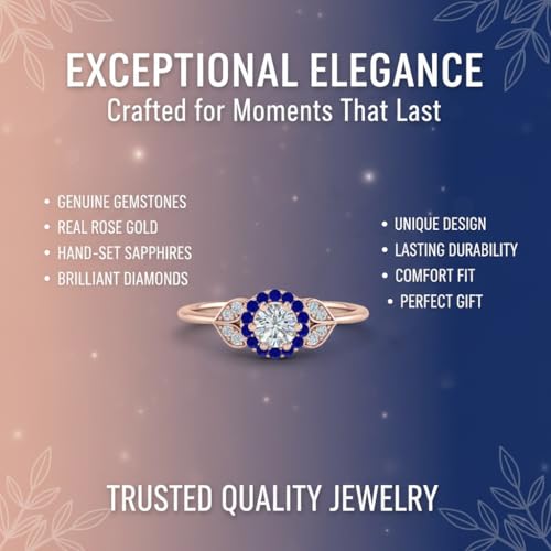 Image of Rose Gold Plated Diamond CZ & Blue Sapphire Petal Halo Engagement Ring for Women, Petite Round Shape Wedding & Everyday Jewelry, Handmade Gift for Wife US Size 4-12