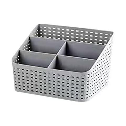TSKDKIT Plastic Storage Basket Organizer Cosmetic Storage Box Desk Tidy Organizer Plastic Storage Case with 5 Compartments Grey Cosmetic Organiser Desk Box for Bedroom, Bathroom, Kitchen etc Cover