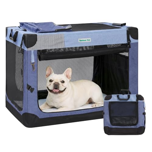 Gardner Pet Soft Collapsible Dog Crate - 26 Inch Portable Travel Dog Crate for Puppy/Small Dogs Indoor & Outdoor, 3-Door Pet Crate with Durable Mesh Windows & Storage Bag, Blue