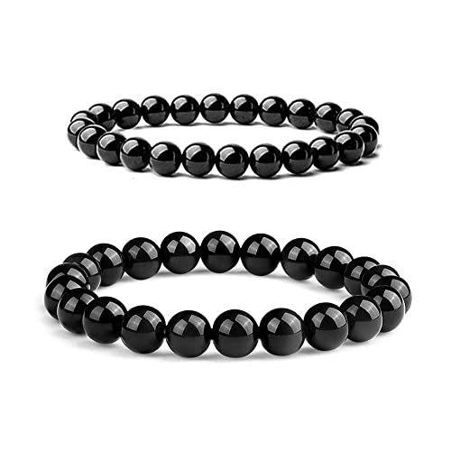 Pulseras de cristal de obsidiana negra, 2 paquetes, 8 mm y 10 mm, regalo espiritual de cristal curativo para amigos y familiares en cualquier ocasión, Cristal Cover