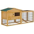 PawHut 2 Level Rabbit Hutch Outdoor, Wooden Bunny Guinea Pig Hutch with Outdoor Run Water Resistant Roof Pull out Tray Ramp 150 x 52.5 x 68 cm, Yellow