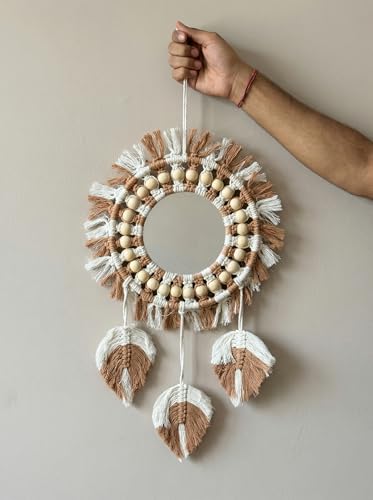 Image of JH Gallery Boho Macrame Mirror Wall Hanging - Handcrafted Cotton Rope Round Mirror with Tassels & Wooden Beads for Home, Bedroom & Entryway Decor(Brown)