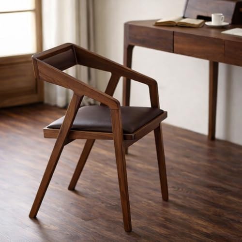 Image of Solid Sheesham Wood Cafe Arm Chair, Walnut + Chocolate Upholstered Seat, Modern Wooden Accent Chair, Set of 2