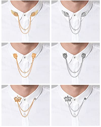 6 Pieces Tassel Chain Brooch Collar Pins Wedding Brooches Collar Pins Wings Wolf Head Crown Lapel Suit Shirt Tuxedo Accessories for Wedding Anniversary Halloween Birthday Party Office4
