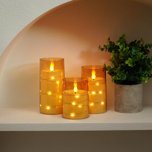 Image of Amagic Flameless Candles 3 Set, Flickering Battery Operated Candles Embedded Fairy String Light, Realistic Pillar Candle with Remote Control and Timer, Acrylic Amber Gold, D3 x H4 5 inch 6 inch