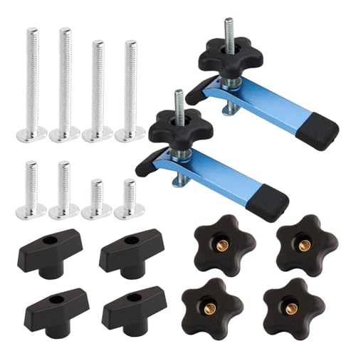 POWERTEC 72250 T-Track Hold Down Clamp, 5-1/2" L x 1-1/8" W, 2 Pack, and T Track Knob Kit w/Threaded Knobs and 5/16"-18 T Track Bolts, 16 Piece Set, T Track Accessories for Woodworking Jigs