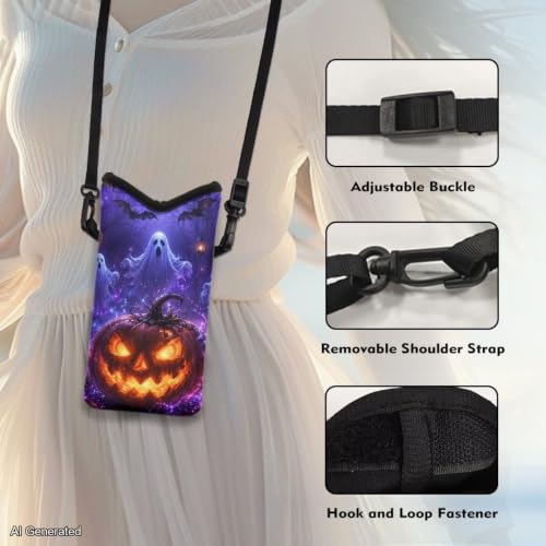 Image of Women's Crossbody Phone Bag Lightweight Neoprene Cellphone Case Waterproof Phone Carry Pouch for iPhone 17 /16 /15 Pro, for Samsung S25, S24, S23, S22, S21, Pumpkin Ghost Bat Print Violet