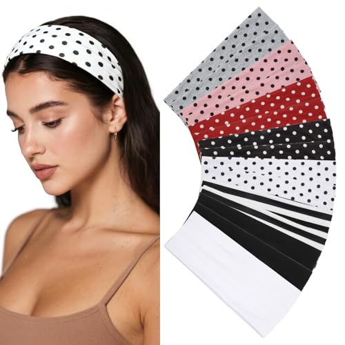 Huachi Polka Dot Headbands for Women Non Slip 16 Pack Elastic Sports Hair Bands for Women Soft Cotton Cloth Headband for Workout Yoga Fashion Hair Accessories