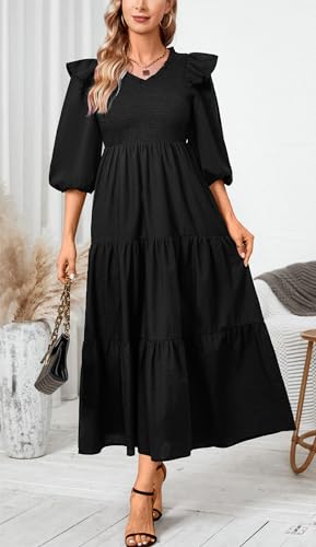 Image of Women Casual Lantern Sleeve Ruffle V Neck Fall Dress Boho Flowy Maxi Dresses Tiered Cocktail Long Dress