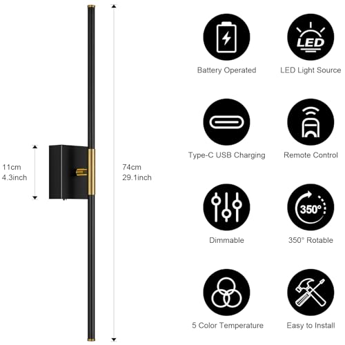 Image of Wall Sconces Set of Two with Remote Control 29.1 in Dimmable Black Gold Battery Operated Wall Lights 350 Ratation 3000K-6000K LED Wireless Rechargeable Sconce for Bathroom Living Room Bedroom