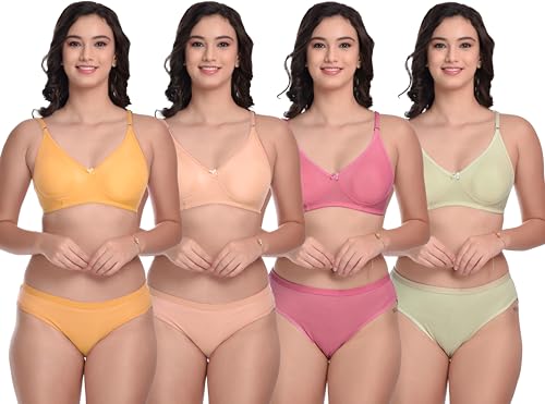 Image of MiEstilo Essential Elegance Lingerie Set Full Coverage Non-Padded T-Shirt Bra and Matching Hipster Panty (Pack of 4; Green::Gold::Cream::Baby Blue)