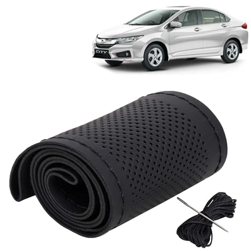 Image of KINGSWAY PU Leatherite Car Steering Cover Sewable Compatible with Honda City (Year 2014-2016), Black Color with Black Thread, Pack of 1 with Sewing Needle and Thread