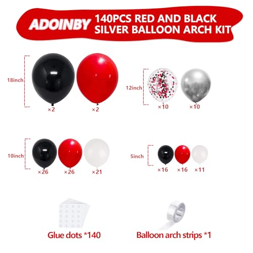 Image of Red Black and White Balloon Arch Kit, ADOINBY 140Pcs Red and Black White Silver Garland kit, 18 12 10 5 Inch Different Size Balloons for Birthday Party Anniversary Racing Car New Year Prom Decorations