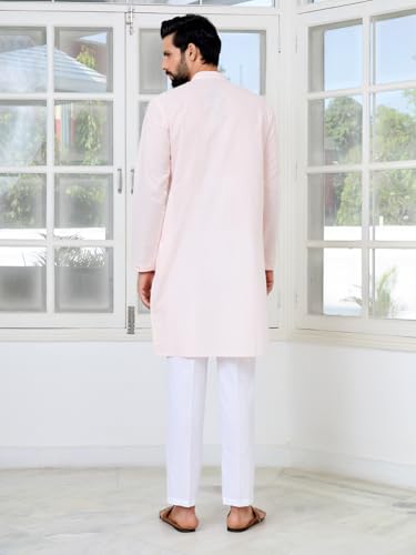 Image of See Designs Men's Full Sleeve Mandarin Collar Ethnic Motifs Embroidered Sequinned Mandarin Collar Straight Long Kurta with Pyjama - Festive Collection