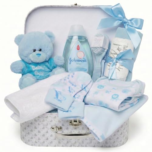 Baby Box Shop Newborn Baby Boy Gift Hamper Set - Newborn Essentials with Blue Teddy Bear Bodysuit & Muslin Cloth in a White Keepsake Box - Baby Shower Gift and Christening Gift for New Arrival