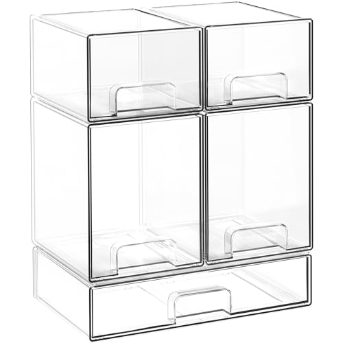 Stackable Storage Drawers, 5 Pack Clear Acrylic Makeup & Bathroom Organizer, Versatile Storage Bins for Vanity, Under Sink, Kitchen Cabinets & Pantry (5 Pack)