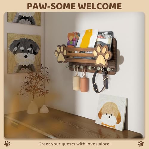 Soporte de madera para pared con ganchos para correas de perro 3