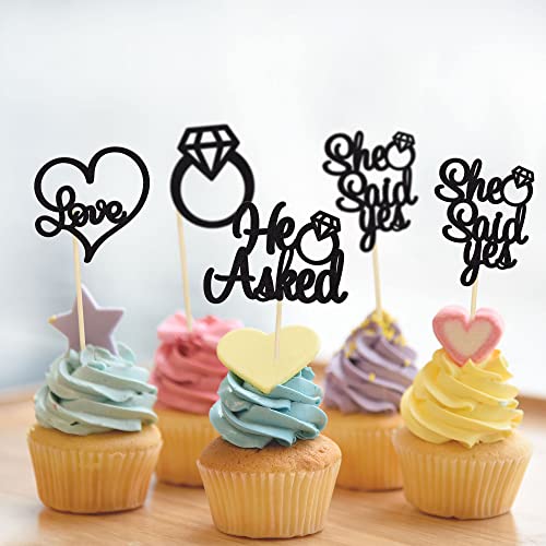 Gyufise 24 Pack Black Glitter He Asked She Said Yes Cupcake Toppers Glitter Heart Ring Cupcake Picks Decorations For Wedding Engagement Bridal Shower Party Supplies #TOP5