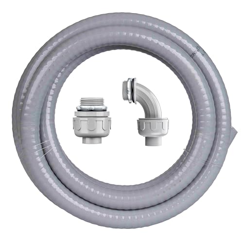 Geowaky 1/2 Inch 10 FT Liquid-Tight Conduit and Connector Kit Non Metallic Flexible Conduit Electrical Kit - 1 Straight and 1 Angle Fittings Included for Electrical Wiring