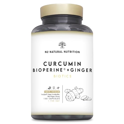 Cúrcuma Patentada con Jengibre y Pimienta Negra (CurQreal®) +4 meses, 10000mg de Curcumina + Probióticos + Bioperina®. Antiinflamatorio Natural. Formula Patentada. 130 Capsulas. N2 Natural Nutrition