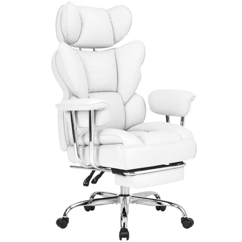 Image of DUMOS Big and Tall Office Chair 400 LBS, Scratch-Resistant PU Leather Executive Office Desk Chair with Footrest, Ergonomic Reclining Computer Chairs with Pocket Spring Support, White