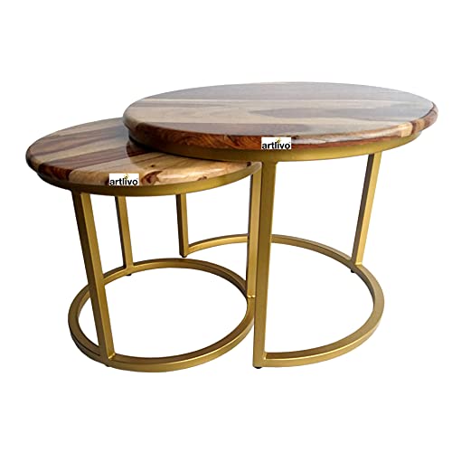 Image of Artlivo Solid Sheesham Wood Round Coffee Table - Set of 2 (22 /17 inch Dia) for Living|Drawing|Bedroom|Office|Balcony|Gift|Diwali|Wedding